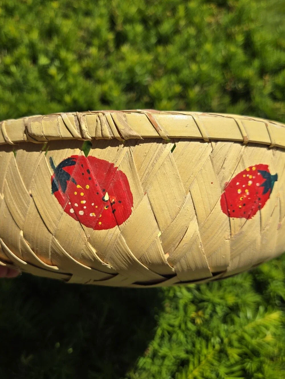 Hand‎ painted Woven basket with strawberries/ Tomaroes Cottage Core Shabby Chic